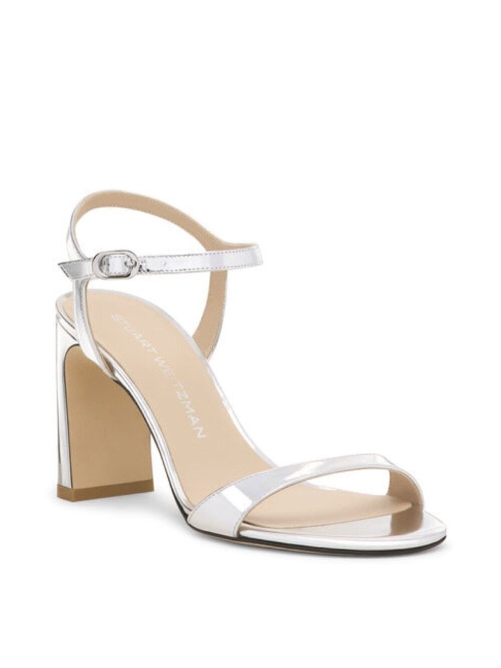 New Stuart Weitzman Babette Metallic Ankle Strap Sandal Silver Sz 7